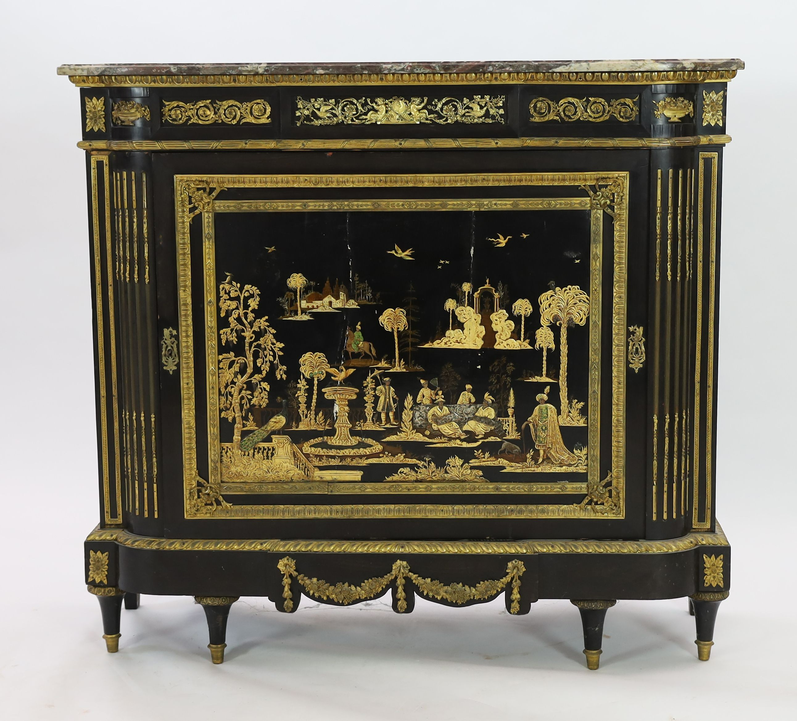 A 19th century French Louis XVI style ormolu mounted ebonised side cabinet, W.134cm D.46cm H.122cm